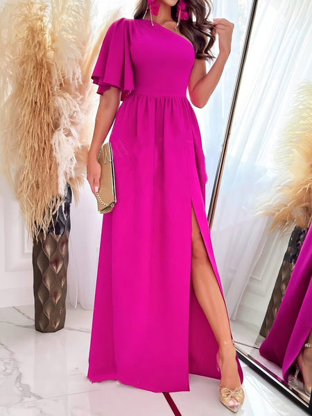 Solid Sloping Shoulder Slit Dress