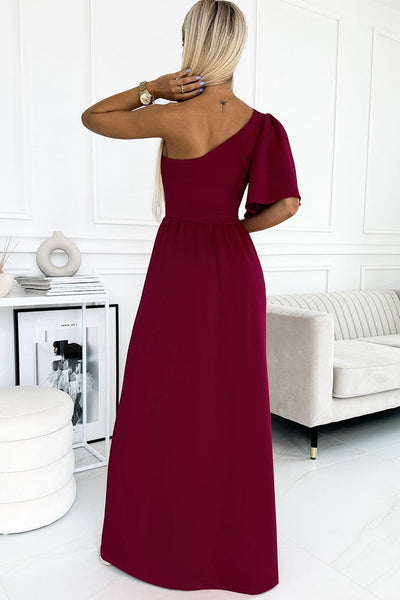 Solid Sloping Shoulder Slit Dress