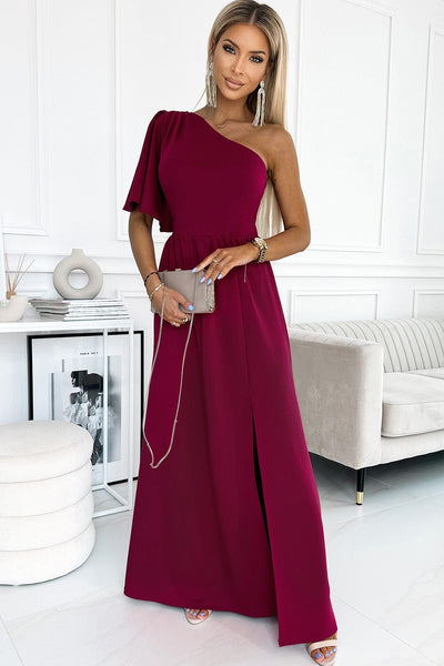 Solid Sloping Shoulder Slit Dress