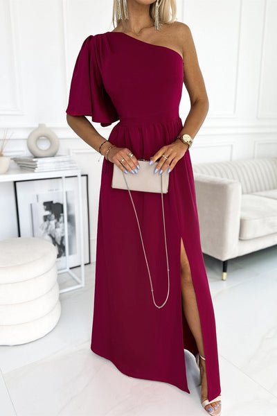 Solid Sloping Shoulder Slit Dress