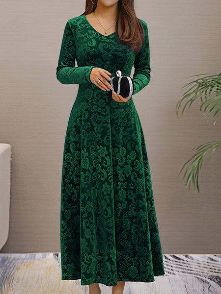 Women's Damask Velvet V-Neck A-Line Maxi Dress in Deep Plum