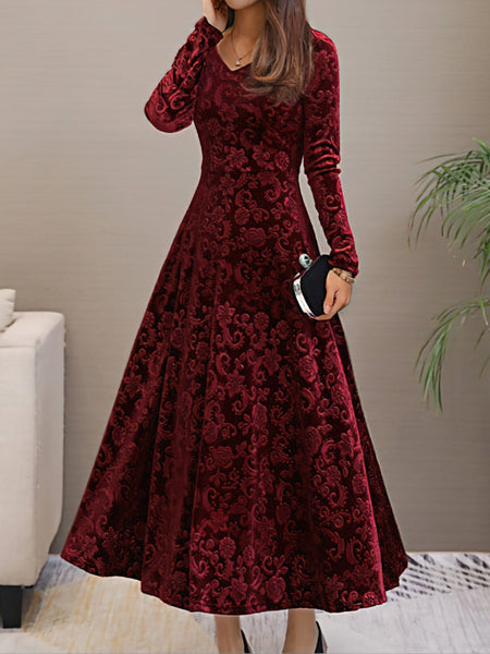 Women's Damask Velvet V-Neck A-Line Maxi Dress in Deep Plum