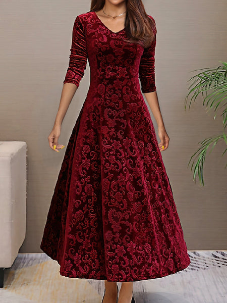 Women's Damask Velvet V-Neck A-Line Maxi Dress in Deep Plum