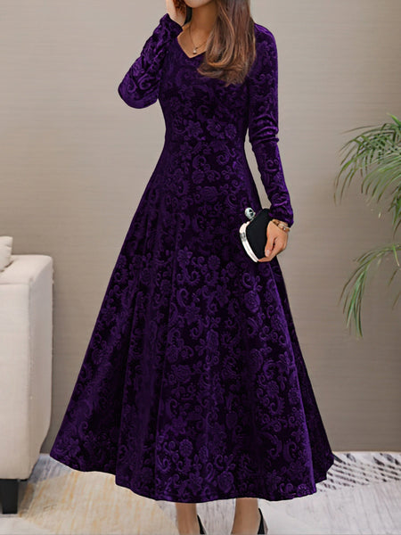 Women's Damask Velvet V-Neck A-Line Maxi Dress in Deep Plum