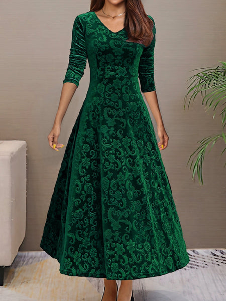 Women's Damask Velvet V-Neck A-Line Maxi Dress in Deep Plum