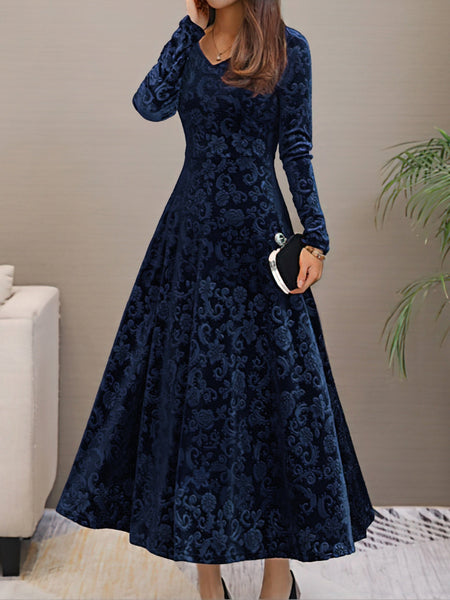 Women's Damask Velvet V-Neck A-Line Maxi Dress in Deep Plum