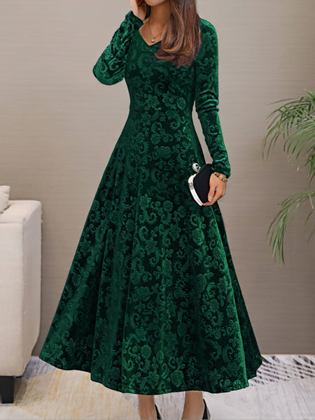 Women's Damask Velvet V-Neck A-Line Maxi Dress in Deep Plum