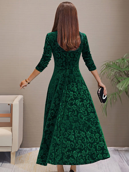 Women's Damask Velvet V-Neck A-Line Maxi Dress in Deep Plum