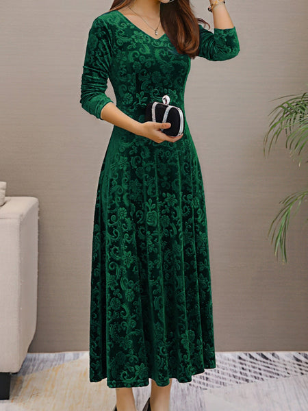 Women's Damask Velvet V-Neck A-Line Maxi Dress in Deep Plum