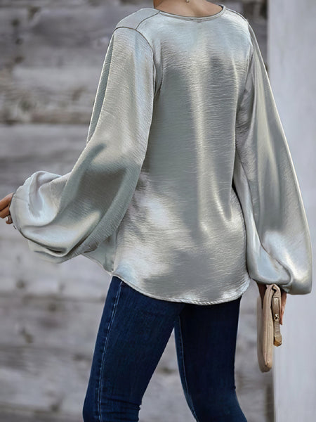 Solid V-neck Loose Fit Long Sleeve Blouse for Women