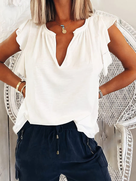 Women's Solid V Neck Short Sleeve T-Shirt in Tops & Tees with versatile layering silhouettes