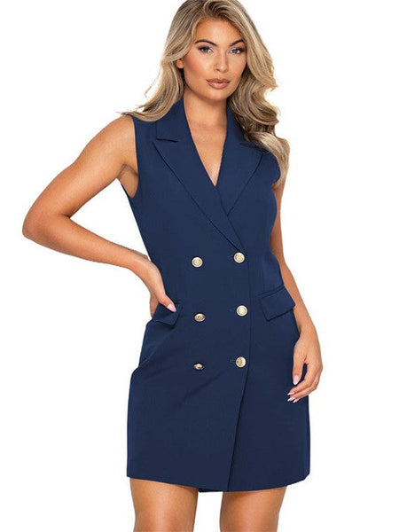 Sophisticated Sleeveless Double-Breasted Women'S Suit Skirt With V-Neck