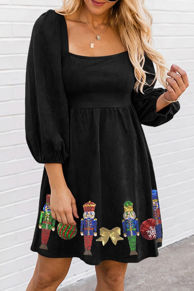 Women's Black Nutcracker Embellished Square Neck Mini Dress