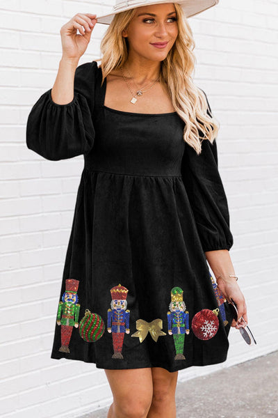 Women's Sparkling Black Christmas Nutcracker Square Neck Mini Dress