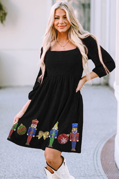 Women's Black Nutcracker Embellished Square Neck Mini Dress