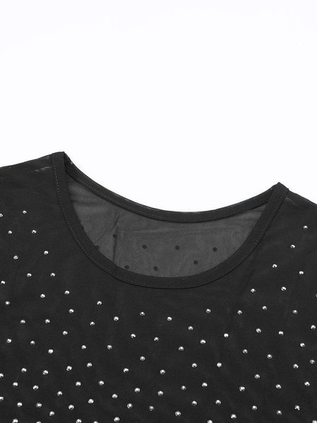 Sparkling Black Rhinestone Mesh Long Sleeve Bodysuit