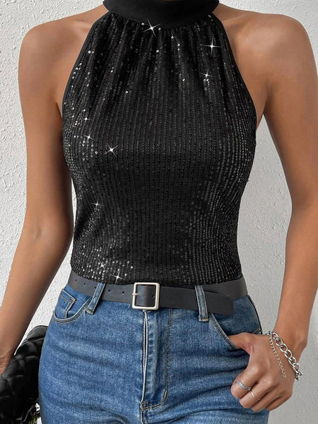 Sparkling Black Sequin Halter Tank Top