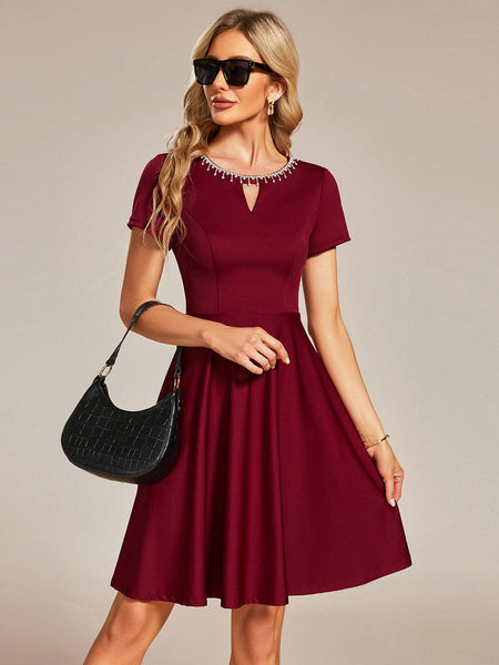 Women's Sparkling Rhinestone Round Neck Mini Homecoming Cocktail Dress