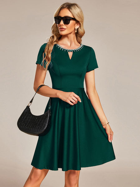 Women's Sparkling Rhinestone Round Neck Mini Homecoming Cocktail Dress