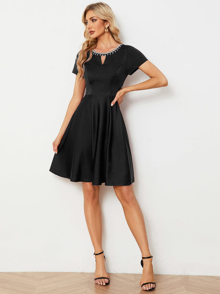Women's Sparkling Rhinestone Round Neck Mini Homecoming Cocktail Dress