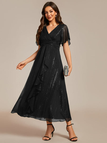Sparkling Silver V-Neck A-Line Wedding Guest Dress with Frilly Hem