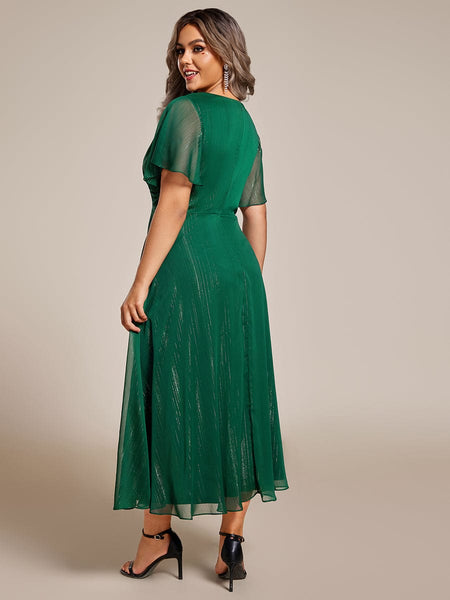 Sparkling Silver V-Neck A-Line Wedding Guest Dress with Frilly Hem