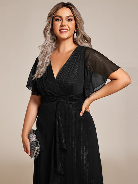 Sparkling Silver V-Neck A-Line Wedding Guest Dress with Frilly Hem