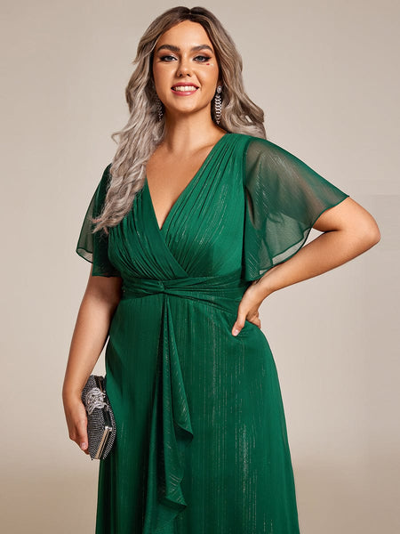 Sparkling Silver V-Neck A-Line Wedding Guest Dress with Frilly Hem