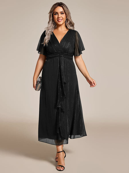 Sparkling Silver V-Neck A-Line Wedding Guest Dress with Frilly Hem