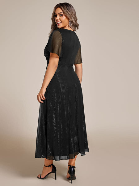 Sparkling Silver V-Neck A-Line Wedding Guest Dress with Frilly Hem