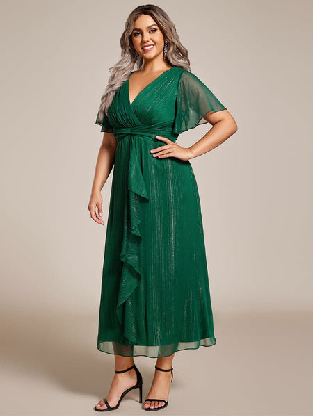 Sparkling Silver V-Neck A-Line Wedding Guest Dress with Frilly Hem