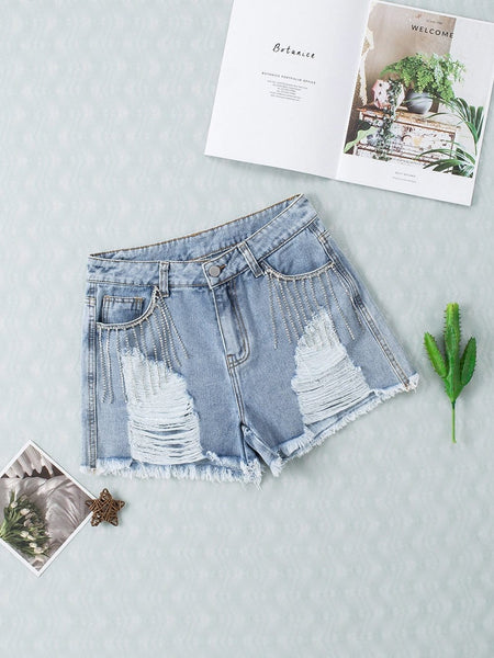Sparkling Sky Blue Rhinestone Tassel Denim Shorts