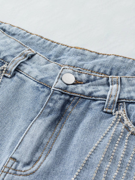 Sparkling Sky Blue Rhinestone Tassel Denim Shorts