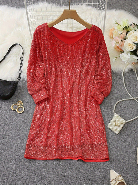 Sparkling V Neck Sequin Long Sleeve Party Mini Dress