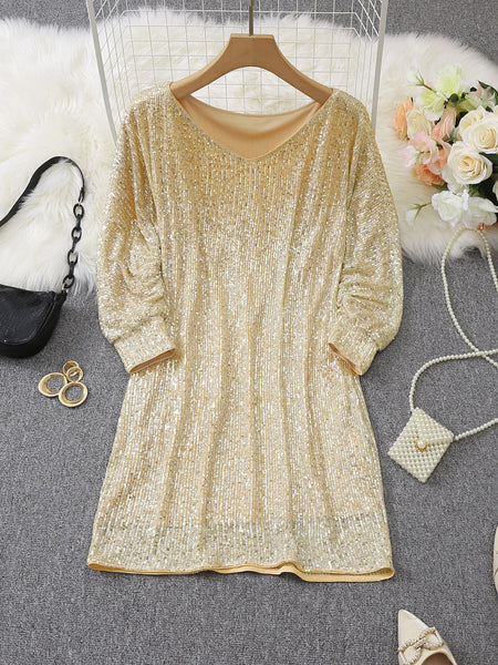 Sparkling V Neck Sequin Long Sleeve Party Mini Dress
