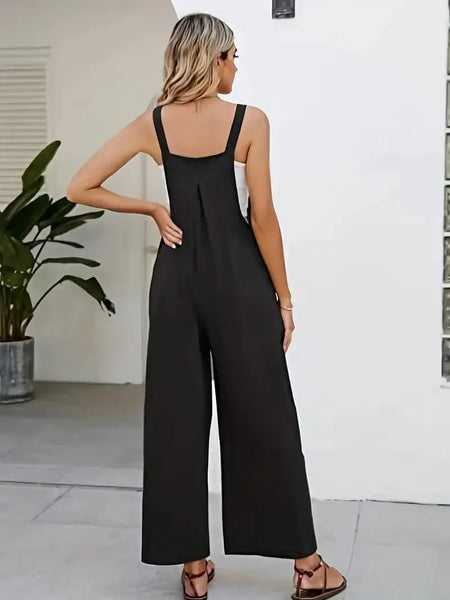 Spring and Summer Women's Casual Slant Pocket Jumpsuit with Buttons