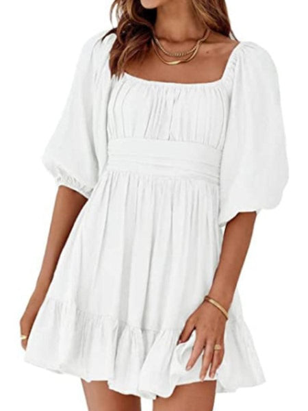 Women's Square Neck Lantern Sleeve Tie Backless Ruffle A-Line Casual Mini Dress