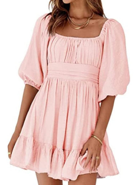 Women's Square Neck Lantern Sleeve Tie Backless Ruffle A-Line Casual Mini Dress