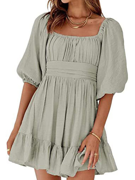 Women's Square Neck Lantern Sleeve Tie Backless Ruffle A-Line Casual Mini Dress