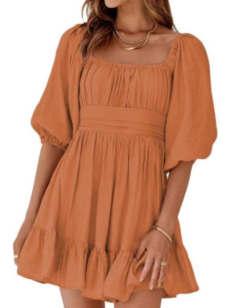 Women's Square Neck Lantern Sleeve Tie Backless Ruffle A-Line Casual Mini Dress