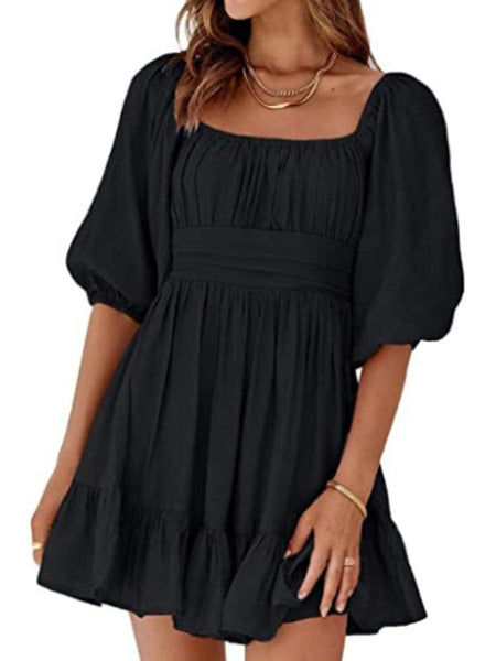 Women's Square Neck Lantern Sleeve Tie Backless Ruffle A-Line Casual Mini Dress