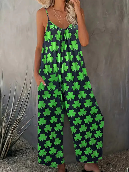 St. Patty's Day Shamrock Print Sleeveless Jumpsuit: Women's Summer Fashion