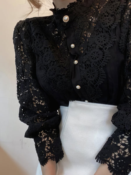 White Lace Pearl Button Up Blouse