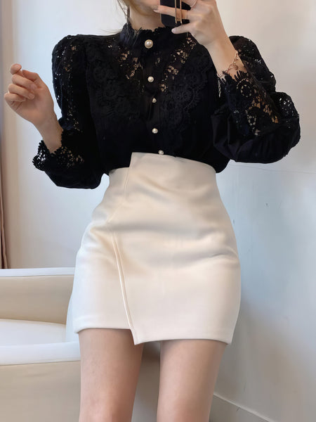White Lace Pearl Button Up Blouse