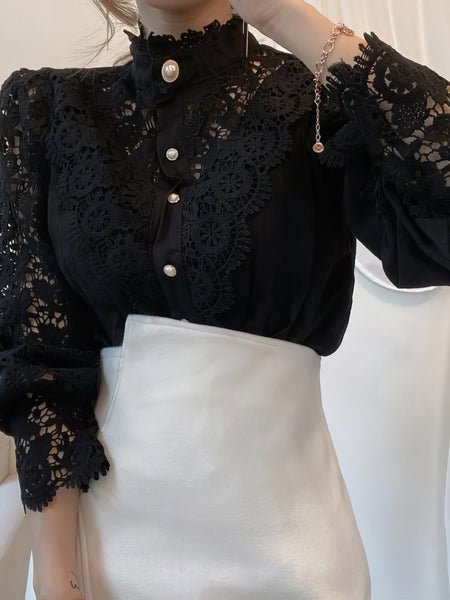 White Lace Pearl Button Up Blouse