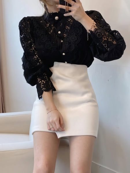 White Lace Pearl Button Up Blouse