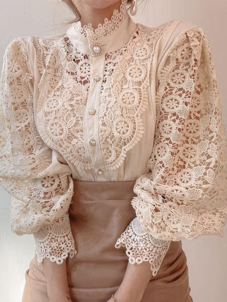 White Lace Pearl Button Up Blouse