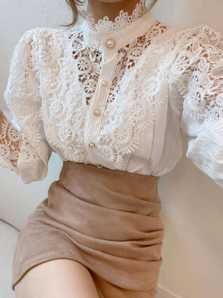 White Lace Pearl Button Up Blouse