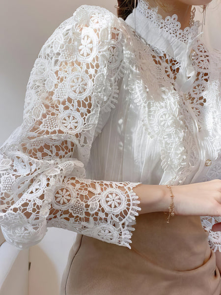 White Lace Pearl Button Up Blouse