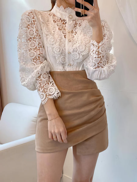 White Lace Pearl Button Up Blouse
